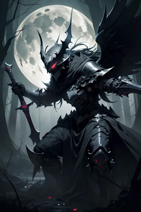 (best quality,highres,ultra-detailed),(dark,ominous,creepy) Nightmare Knight, gleaming menacingly in the moonlit darkness, stalks through a sinister, mist-filled forest. His ebony armor emits an eerie glow, reflecting the pale light of the full moon. With ...