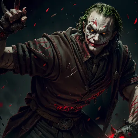 generate a hyper-realistic ai artwork featuring heath ledger's joker in the persona of a viking warrior. the joker should be por...