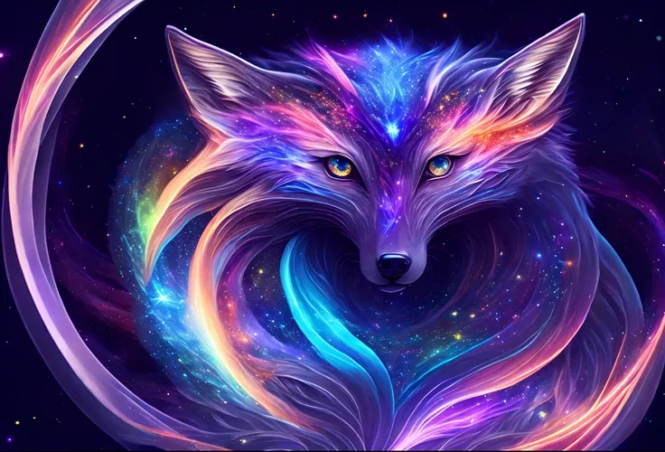 Humanoid female Nine tailed fox, beautiful and ferocious, fierce, stars, space, void, rainbow auora, space flowers, ultra quality, detailed, 8k, crystal clear cosmic eyes,