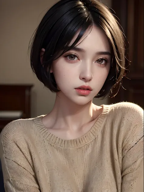 (masterpiece:1.3), (8k, photorealistic, RAW photo, best quality: 1.4), (1girl), beautiful face, (realistic face), (black hair, short hair:1.3), beautiful hairstyle, realistic eyes, beautiful detailed eyes, (realistic skin), beautiful skin, (sweater), absur...