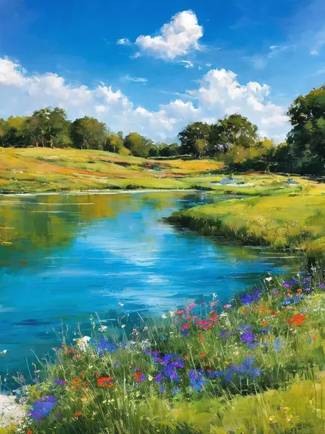 summer, grassy fields, flowers, lake, heaven, clear blue sky, sunny, high definition detail, hyper-detailing, cinematic, dynamic...