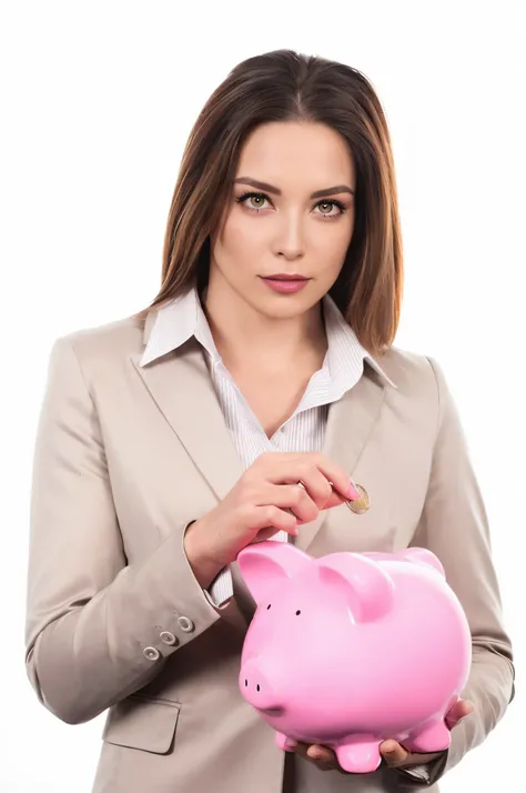 woman in business suit holding a pink piggy bank, wealthy women, aleksandra waliszewska, promo shot, young business woman, business woman, promo image, jovana rikalo, by Ivan Mrs kvička, alina ivanchenko, promotional portrait, woman in business suit, begin...