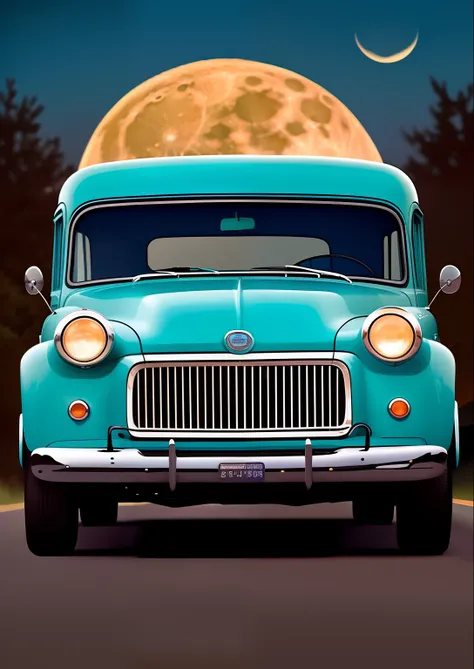 There was a blue truck，The background is the full moon, vintage car, vintage car, Vintage car, author：Wayne England, cover shot, Stylized digital illustration, vintage car, photorender, author：Derek Hill, Cyan headlights, Front Shooting, portrait shooting,...