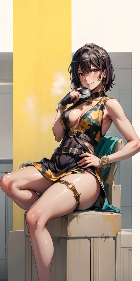 1girl,  black hair, short hair, 1girl, gloves, 1girl, red_eyes, breasts, black_gloves, large_breasts, solo, short_hair, bare_shoulders, indoors, dress, looking_at_viewer, belt, earrings, iron_cross, bangs, jewelry, hair_ornament, "Photorealistic, Hyperreal...