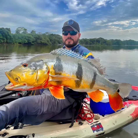 Araffe fish in a kayak with a man in a hat and sunglasses, diego koi, peixes no fundo, boca grande, com uma boca muito grande, Directed by: Scott M. Fischer, 2 0 2 0, 2020, vencedor do concurso 2021, Directed by: Anthony S Waters, enormemente detalhado, Pa...