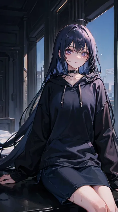 A gothic girl sits alone in a dimly lit room, her melancholic expression accentuated by the somber atmosphere. She wears a cozy sweater with a hoodie that partially obscures her face, and her attire consists of black soggy pants that amplify the air of des...