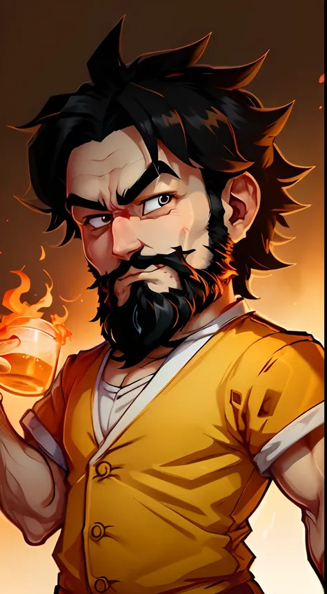 a sticker, man who is a bartender. short black hair and((full beard.))) he has a friendly face and wears the goku uniform from d...