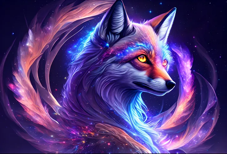 Humanoid female Nine tailed fox, beautiful and ferocious, fierce, stars, space, void, rainbow auora, space flowers, ultra quality, detailed, 8k, crystal clear cosmic eyes,