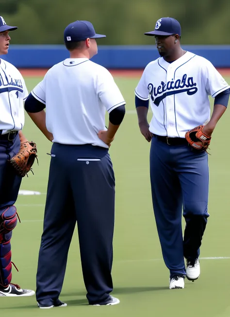 A male coach and a male baseball club member wearing sweaty uniforms and having sex