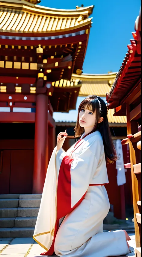 Shrine priestess,fullbody image,high resolution images,fullbody image,Best Quality, masutepiece,Gold eyes,White and red priestess figure,fullbody image,Looking Up, full bodyesbian,Strands of hair,Background torii gate in the middle of the temple grounds,fu...