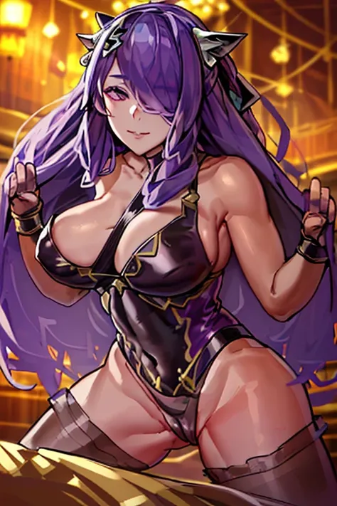 (detailed hair), (masterpiece), (best quality), (ultra-detailed), sharp focus, detailed face, ((perfect anatomy)), perfect lighting, (intricate details), (depth of field), full body, CamillaFE, purple eyes, smile, yukata, ((Tight leotard)), ((sexy fight po...