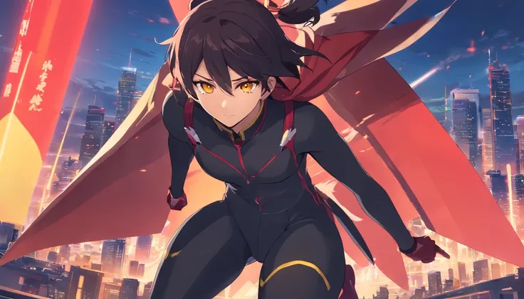 1 male human、A dark-haired、Huge ass、Black Tights Suit、yellow eyes、Large, thick thighs、short-haired、wide hips、musculature、Red Monpe、red clothing、Arm Blade、Red Helmet