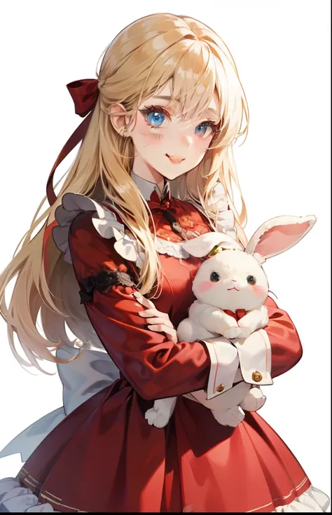 girl with、Background white、without background、a blond、The long-haired、with blush cheeks、、frilld、bow ribbon、Smiling、Red dress、Holding a cute stuffed rabbit、kawaii、without background