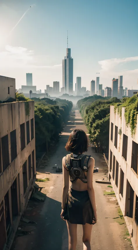 Robot There are maidens behind the robot in the ruins of a modern city，floresta exuberante，sunny clear sky，deserted，ultra-realistic realism，Cinematic lighting effects，After the Great War, the girl held food in her hands and the short-haired girl