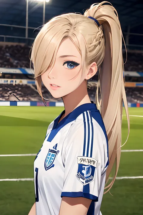 masterpiece,  best quality cowboy_shot, 1female soccer player, goalkeeper, (long_ponytail hair:1.25),  (hair over one eye:1.2), soccer field, detailed beautiful eyes, detailed gorgeous face,