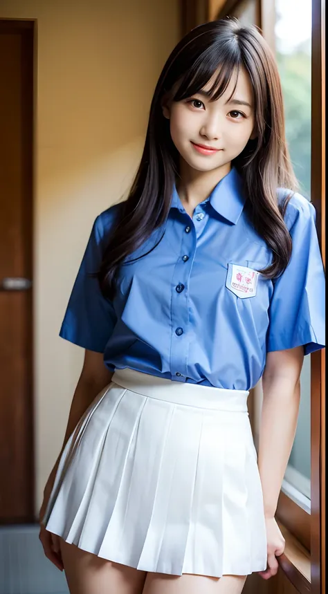 (Best-Quality, Masterpiece, Ultra-High-Resolution, (Photorealistic:1.4), Raw-Photo, Hyper-Detailed), 1girl, 15-years-old, Japanese famous idol, wearing Japanese high school uniform and navy blue pleated skirt, cowboy shot, grinning, strong lighting for fac...