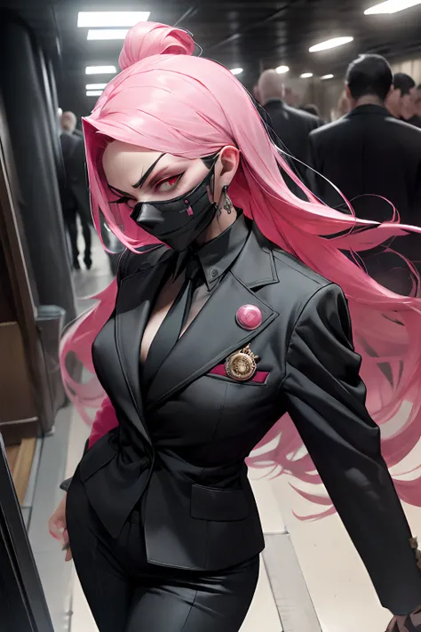 a pink-haired girl boss of the mafia,dark atmosphere,hidden weapons,high-end luxury cars,strategic meeting,secret hideout,heavy ...