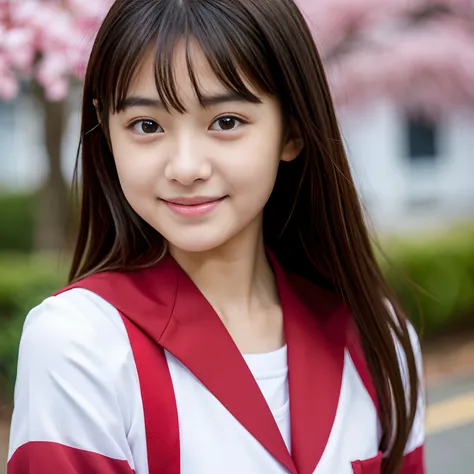 (Best-Quality, Masterpiece, Ultra-High-Resolution, (Photorealistic:1.4), Raw-Photo, Hyper-Detailed), 1girl, 15-years-old, Japanese famous idol, wearing Japanese high school uniform, portrait, innocent smile, strong lighting for face, extremely cute face li...