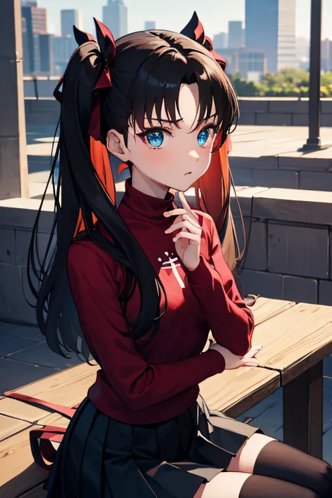 (masterpiece), best quality, expressive eyes, perfect face, 1girl, solo, rintohsaka, rin tohsaka, aqua eyes, black hair, hair ribbon, long hair, ribbon, sidelocks, two side up, black skirt, black thighhighs, long sleeves, miniskirt, pleated skirt, ((red sw...