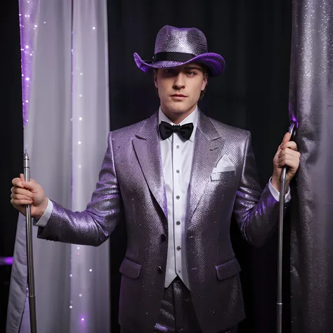 White male Pimp wearing dark purple and black glittery suit, holding silver cane