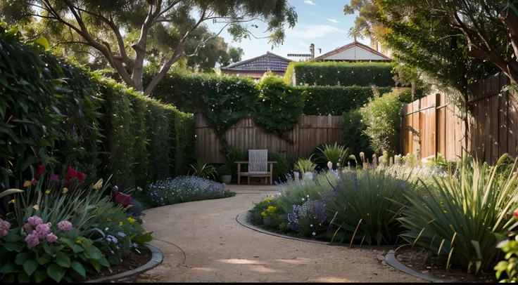 a hyper realistic photography of a Garden in Melbourne, Australia, no people, Nikon D850 DSLR 4k camera, 100mm lens, F 1.2 aperture setting, bright and natural lighting, vibrant, fun and relaxing atmosphere