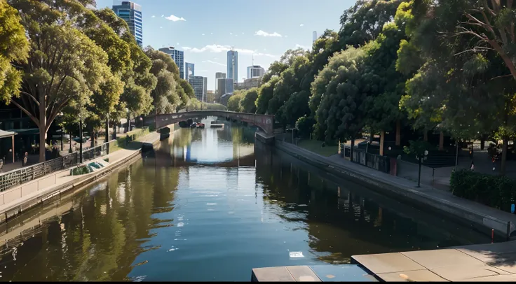 a hyper realistic photography of a Yarra River in Melbourne, Australia, no people, Nikon D850 DSLR 4k camera, 100mm lens, F 1.2 aperture setting, bright and natural lighting, vibrant, fun and relaxing atmosphere