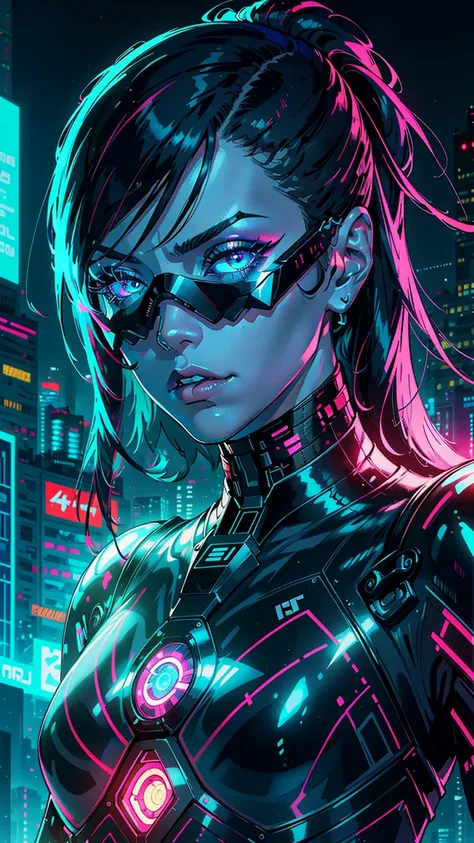 best quality,4k,8k,highres,masterpiece:1.2,ultra-detailed,realistic,photorealistic:1.37,neon,portrait,cyberpunk,beautiful detailed face and eyes,dark hairstyle,long black hair,trendy futuristic outfit,glowing neon tattoo on the neck,detailed lips,sharp foc...