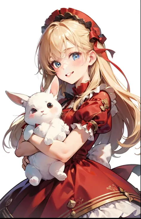 girl with、Background white、without background、a blond、The long-haired、with blush cheeks、、frilld、bow ribbon、Smiling、Red dress、Holding a cute stuffed rabbit、kawaii、without background