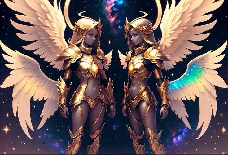 Ultra high quality, 8k, ultra detailed, high definition, floating Angel with six wings, four angelic wings and two demonic wings,  no gender, has the appearance of both female and male, detailed face, eyes that twinkles like a galaxy, dark seraphim, halo o...