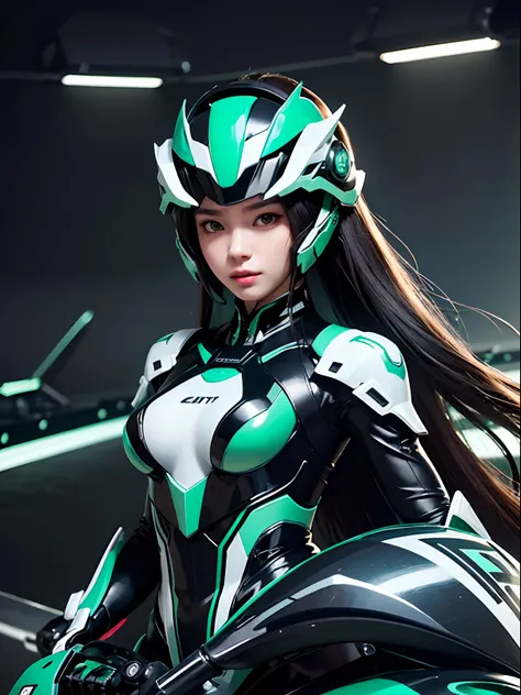 Highest image quality, outstanding details, ultra-high resolution, (realism: 1.4), the best illustration, favor details, highly condensed 1girl, with a delicate and beautiful face, dressed in a black and green mecha, wearing a mecha helmet, holding a direc...