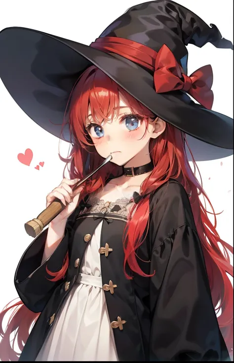 girl with、Background white、without background、Red-haired、The long-haired、with blush cheeks、Embarrassing、the witch、magia、Black pointy hat、frilld、bow ribbon、kawaii、without background