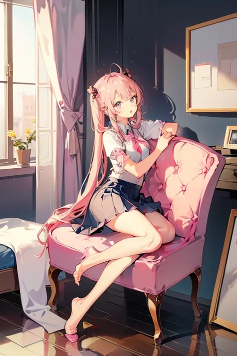 composition seen from the side、shot from a side angle、girl's own room、lovely room、cute pink chair、a chair、facing the chair、body ...