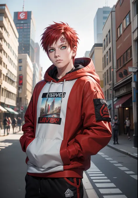 masterpiece, ultra-detailed, 1boy, male focus, upper body shot, gaara wearing streetwear hoodie, red hair, look at viewer, happy...