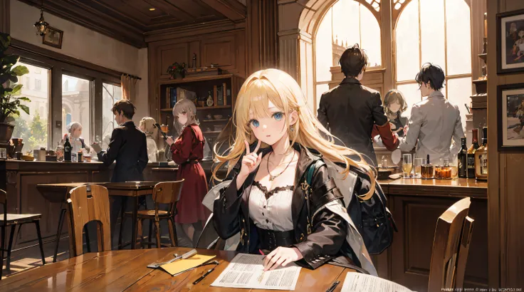 （best qualtiy，CG class，tmasterpiece）Middle Ages style[A blonde girl with blonde eyes,Dressed in a gorgeous explorers outfit,She wears a necklace made of precious stones around her neck,Its as if hes just gone through an adventure,laughingly.Have a kit on h...