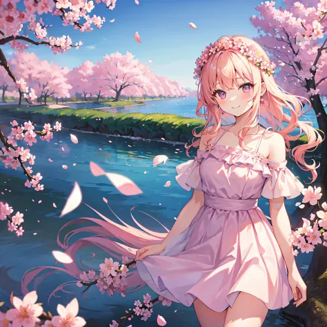 art by Cornflower, dreamy, cherry_blossoms, falling_petals, petals, branch, pink_flower, 1girl,20-year-old, blue_sky, spring_(season), petals_on_liquid, flower, hanami, dress, (Long blond curly hair：1.5),Wearing a wreath,sky, outdoors, cloud, bangs, smile,...