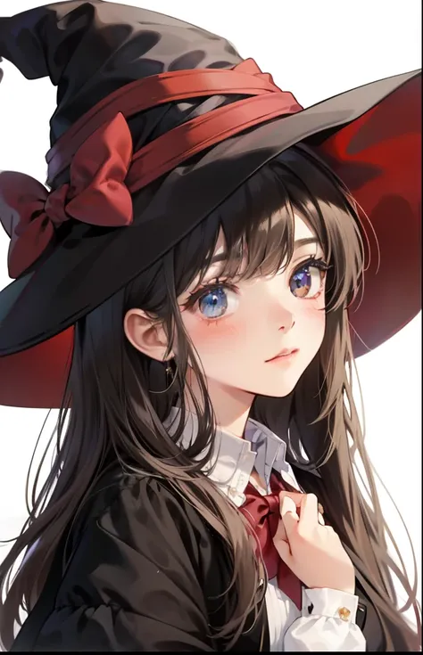 girl with、Background white、without background、A dark-haired、The long-haired、with blush cheeks、Embarrassing、the witch、magia、Black pointy hat、frilld、bow ribbon、kawaii、without background