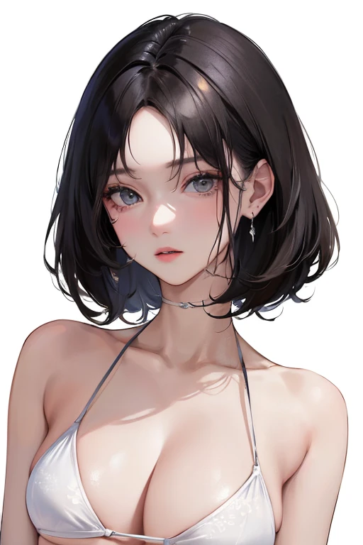 (Top resolution、Distinct_image)top-quality、femele、​masterpiece、ighly detailed、Semi-realistic、Black short hair、Dark hair、grey  eyes、bangss、21years old、Mature、年轻、Exquisite facial features、Facial features,White Bikini