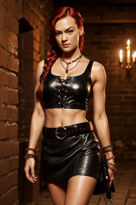 Yvonne strahovski, detailed face, as a sexy slave, with red hair in a tight full head braid, wearing short black leather skirt and lace-up leather crop top with necklace, bracelet, belt, chains, in a dungeon at midnight