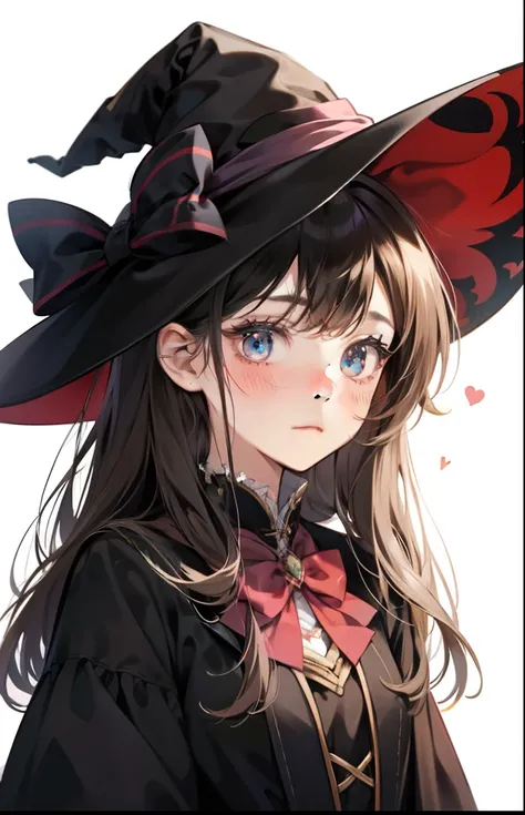 girl with、Background white、without background、A dark-haired、The long-haired、with blush cheeks、Embarrassing、the witch、magia、Black pointy hat、frilld、bow ribbon、kawaii、without background