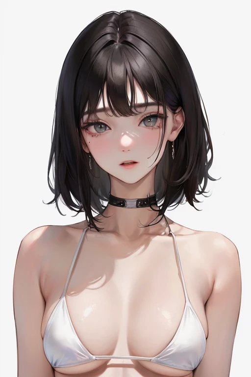 (Top resolution、Distinct_image)top-quality、femele、​masterpiece、ighly detailed、Semi-realistic、Black short hair、Dark hair、grey  eyes、bangss、21years old、Mature、年轻、Exquisite facial features、Facial features,White Bikini