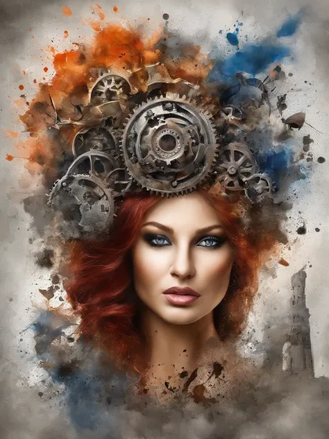 3D puzzles , good looks  , Redhead, Explosive warhead, Machine parts embedded in the face, volatile, inspired by Igor Morski, dramatic artwork, photomanipulation, photo manipulation, disintegration,, explosion of data fragments, Humph, offcial art, incredi...