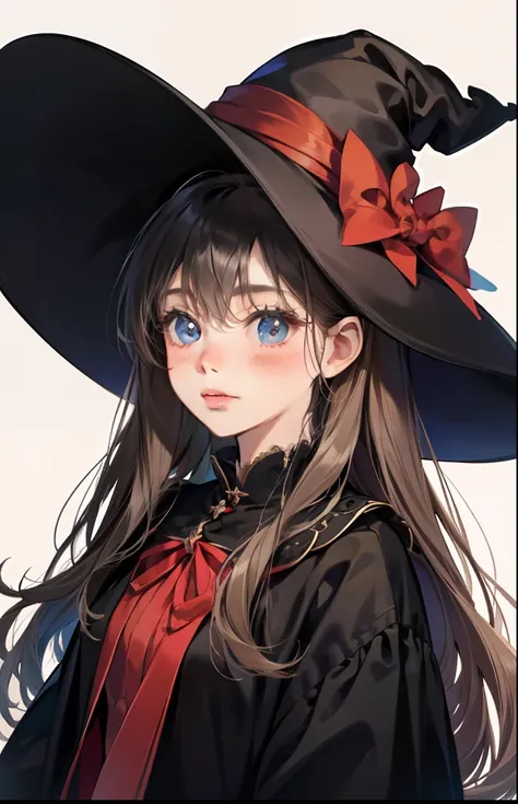 girl with、Background white、without background、A dark-haired、The long-haired、with blush cheeks、Embarrassing、the witch、sorcerer、Black pointy hat、frilld、bow ribbon、kawaii、without background