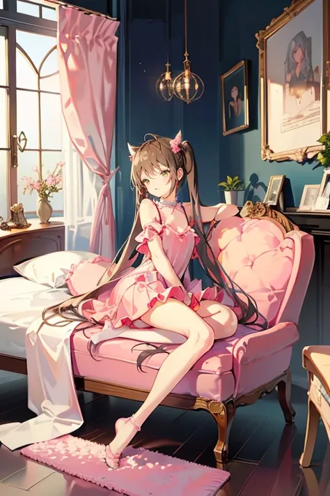 Composition seen from the side、shot from a side angle、girls own room、Lovely room、Cute Pink Chair、a chair、Facing the chair、body is turned sideways、Light pink color、is standing、Sit on one knee in a chair、Put one foot on the ground、Arms on the chair、boredom、L...