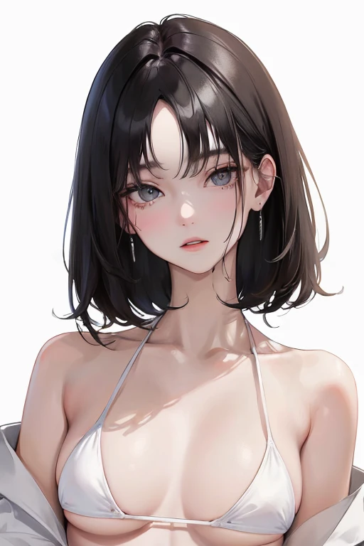 (Top resolution、Distinct_image)top-quality、femele、​masterpiece、ighly detailed、Semi-realistic、Black short hair、Dark hair、grey  eyes、bangss、21years old、Mature、年轻、Exquisite facial features、Facial features,White Bikini