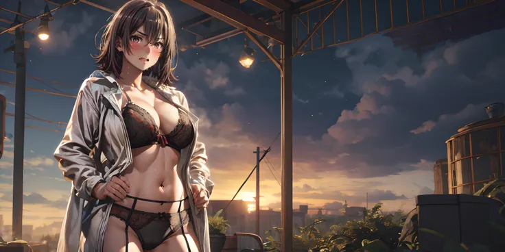 yukinoshita haruno, short hair, black hair, hand on hips, 1girl,  black hair, short hair, underwear, breasts, bra, panties, navel, very_long_hair, bangs, purple_eyes, 1girl, blush, parted_bangs, garter_belt, lace, black_bra, open_clothes, large_breasts, la...