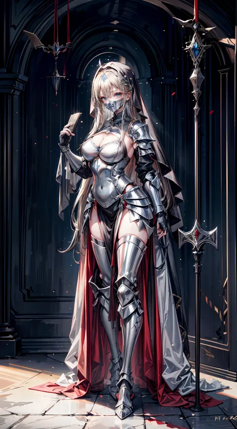 Nun in an iron mask+，Long flowing blonde hair,（Wear an iron mask：2.0）and armor，Wearing an iron mask and armor，Metal heels，Long face，Long face，Long face shape