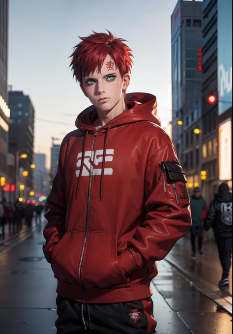 masterpiece, ultra-detailed, 1boy, male focus, upper body shot, gaara wearing streetwear hoodie, red hair, look at viewer, happy...