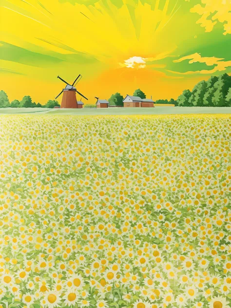 Flower field painting with windmills as a background, anime countryside landscape, flower  field, with flower fields as foreground, an aesthetic field of flowers, field of flowers background, Dutch landscape, landscape artwork, lindo cenario, scene : Sunfl...