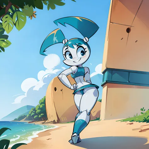 Jenny standing in beach, small blue bikini, back facing viewer, showing butt. looking at viewer. Smiling. Hand on hip. Robot body, robot joints