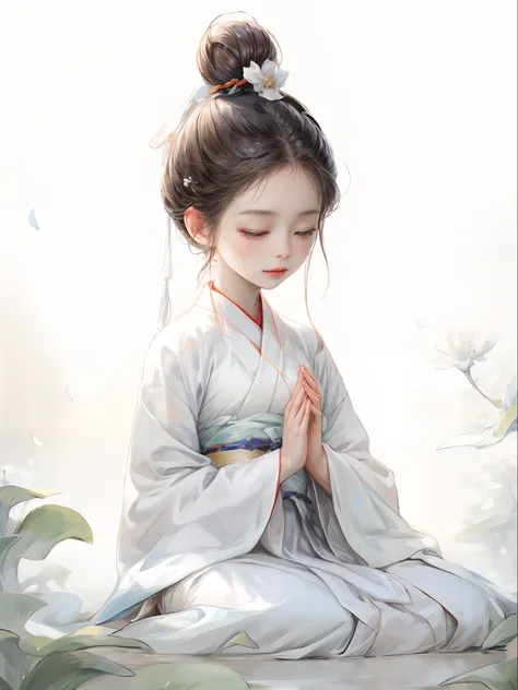 Anime girl sitting on the ground full of flowers in a white kimono, Palace ， A girl in Hanfu, Guviz-style artwork, Guviz, White Hanfu, dressed in simple robes, guweiz masterpiece, serene illustration, Beautiful character painting, flowing white robe, flowi...